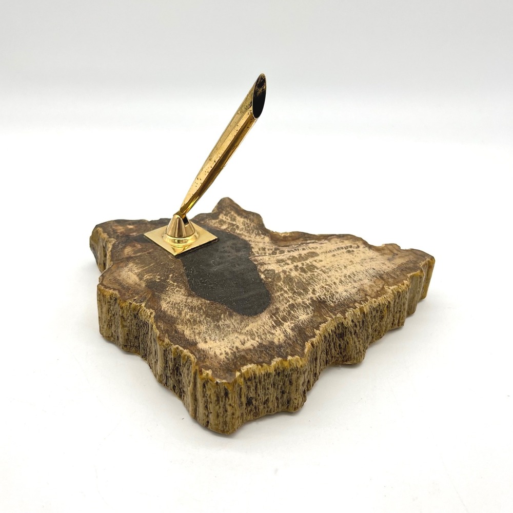 Vintage Petrified Wood Pen Holder with Gold Tone‎ Nib Holder Desk Accessory